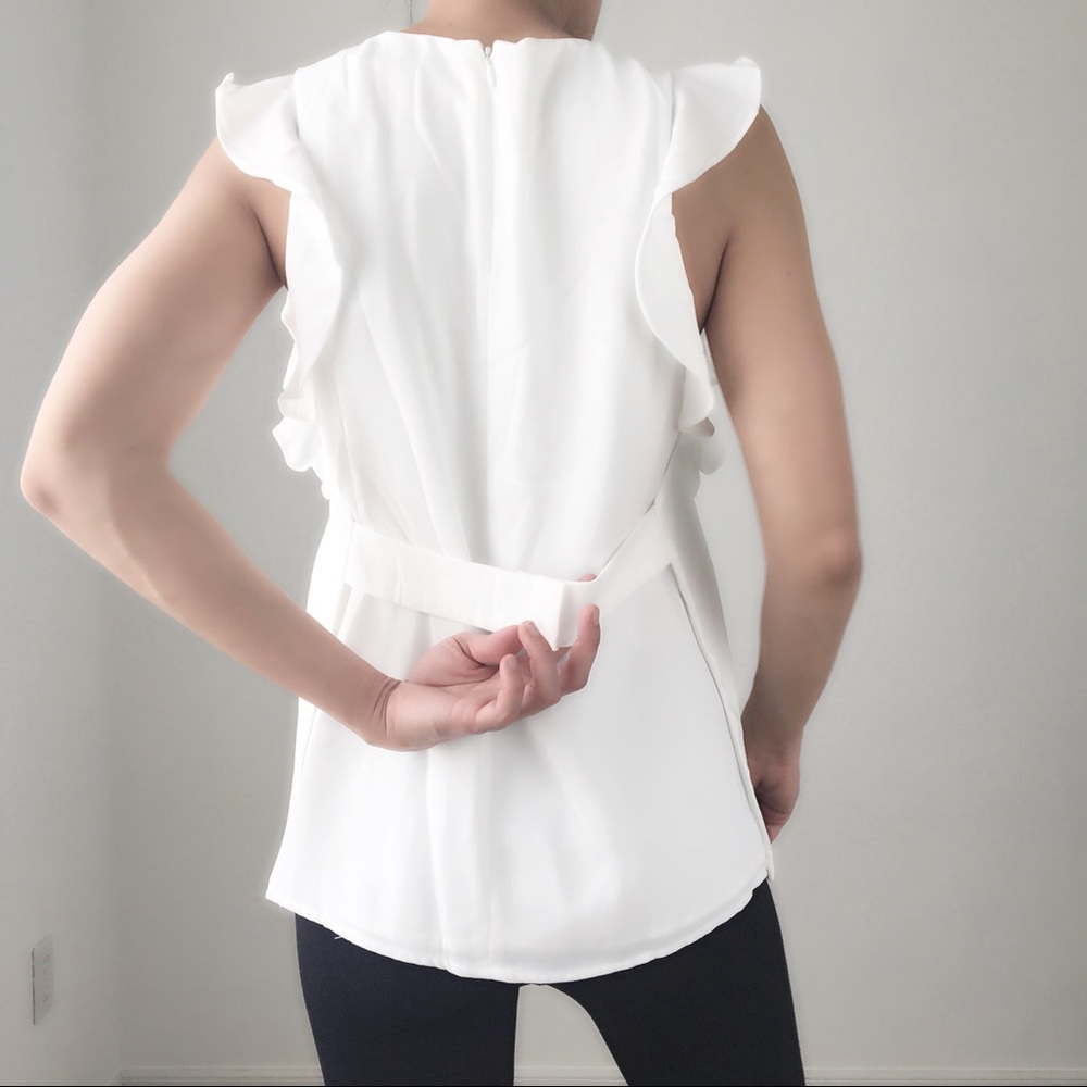 WHITE MINIMALIST RUFFLE SLEEVELESS TOP - Picture 7 of 7